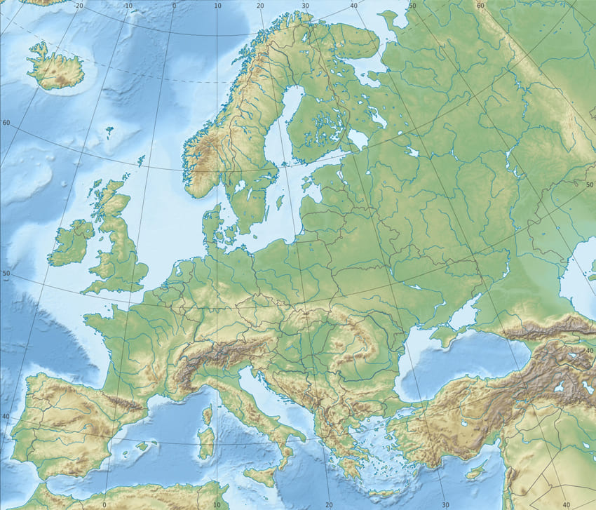 Физическая карта Европы с границами