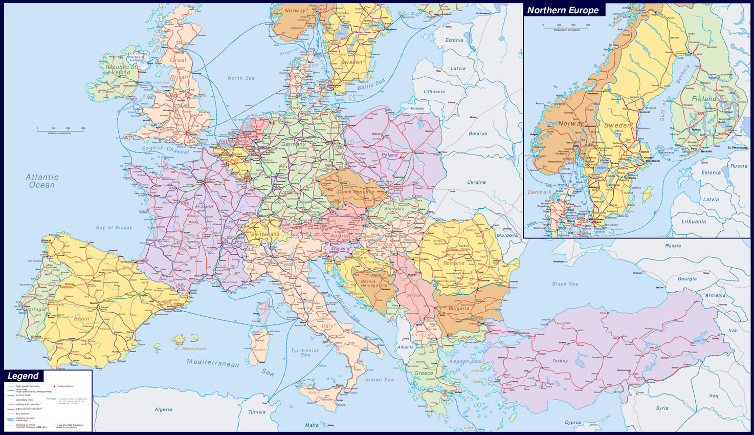 Политическая карта Европы с дорогами