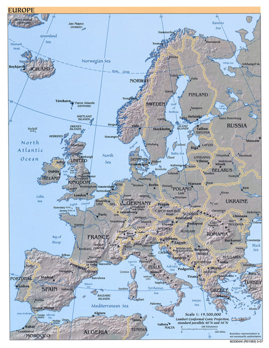 Политическая карта Европы с рельефом